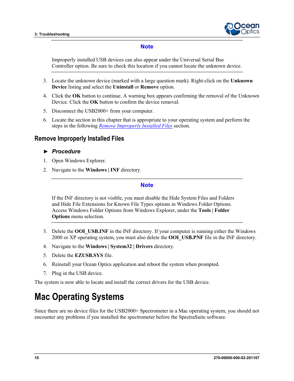 Remove improperly installed files, Mac operating systems | Ocean Optics USB2000+ Install User Manual | Page 16 / 30