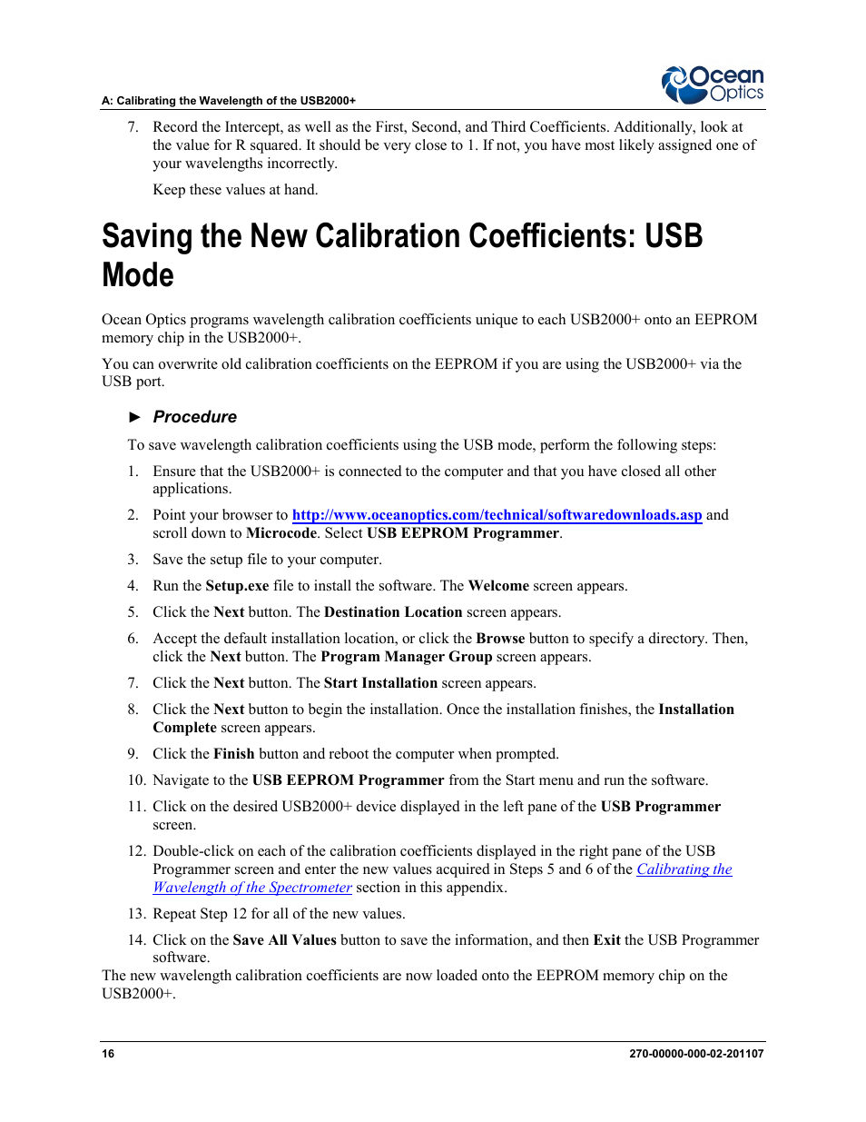 Saving the new calibration coefficients: usb mode | Ocean Optics USB2000+ Install User Manual | Page 22 / 30