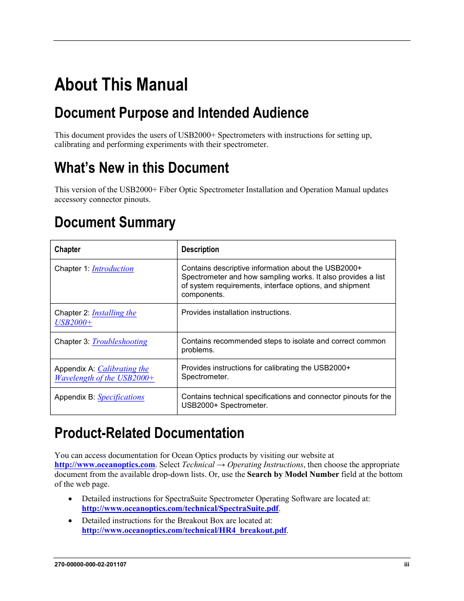 About this manual, Document purpose and intended audience, What’s new in this document | Document summary, Product-related documentation | Ocean Optics USB2000+ Install User Manual | Page 5 / 30