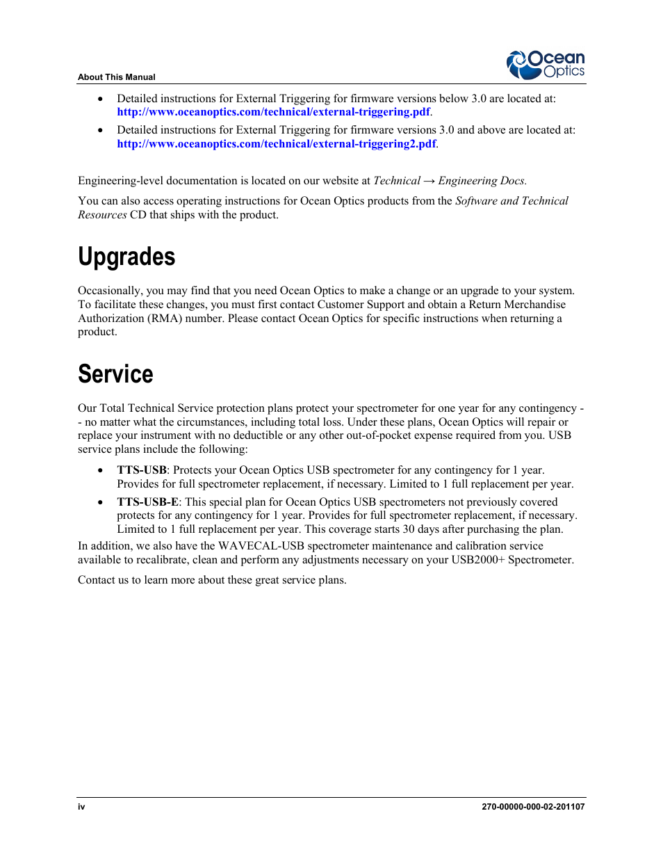 Upgrades, Service | Ocean Optics USB2000+ Install User Manual | Page 6 / 30