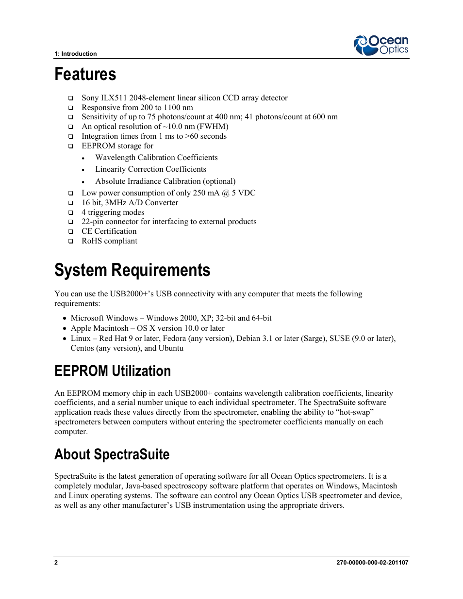 Features system requirements, Eeprom utilization about spectrasuite, Features | System requirements, Eeprom utilization, About spectrasuite | Ocean Optics USB2000+ Install User Manual | Page 8 / 30