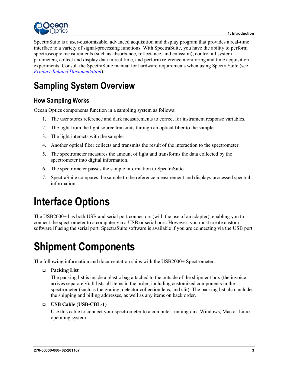 Sampling system overview, How sampling works, Interface options shipment components | Interface options, Shipment components | Ocean Optics USB2000+ Install User Manual | Page 9 / 30