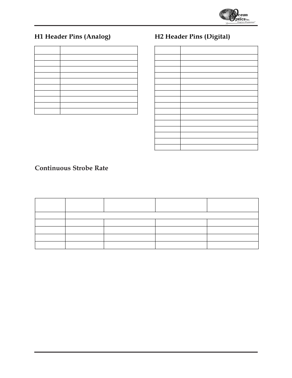 Continuous strobe rate, H1 header pins (analog) h2 header pins (digital) | Ocean Optics S2000 User Manual | Page 107 / 112