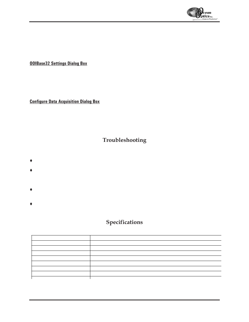 Troubleshooting, Specifications | Ocean Optics S2000 User Manual | Page 25 / 112