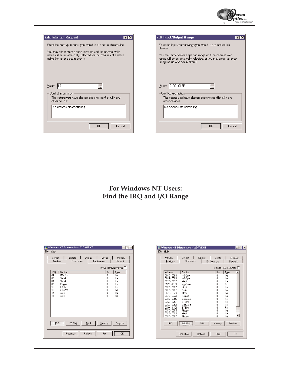 For windows nt users: find the irq and i/o range | Ocean Optics S2000 User Manual | Page 28 / 112