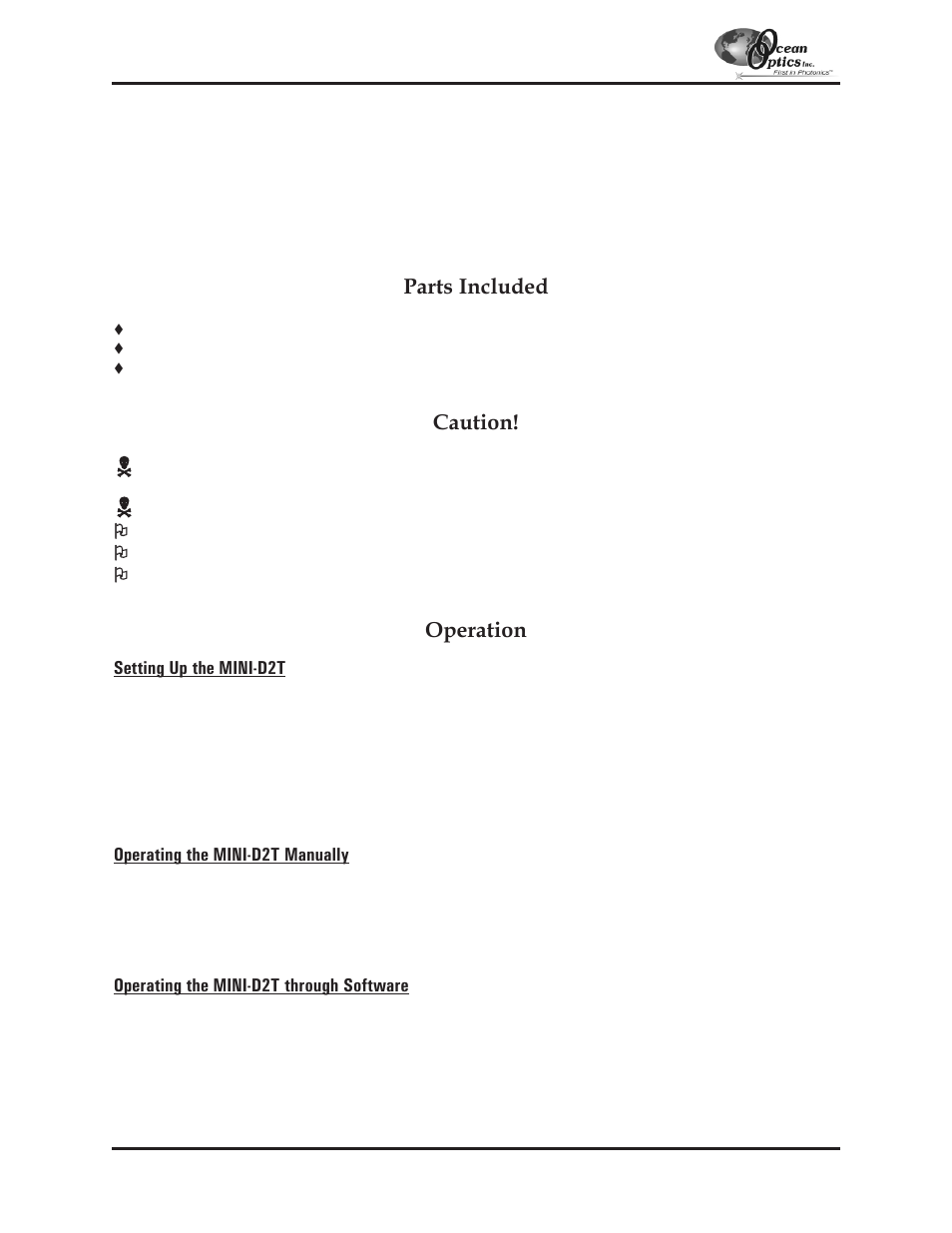 Mini-d2t, Mini-d2t miniature deuterium tungsten light source, Parts included | Caution, Operation | Ocean Optics S2000 User Manual | Page 34 / 112