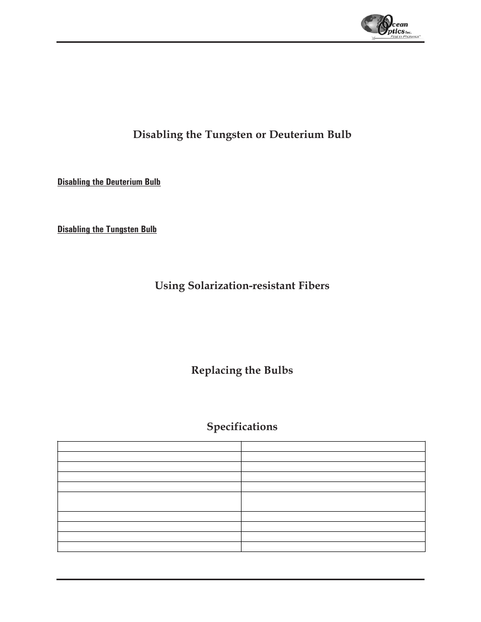 Disabling the tungsten or deuterium bulb, Using solarization-resistant fibers, Replacing the bulbs | Specifications | Ocean Optics S2000 User Manual | Page 35 / 112