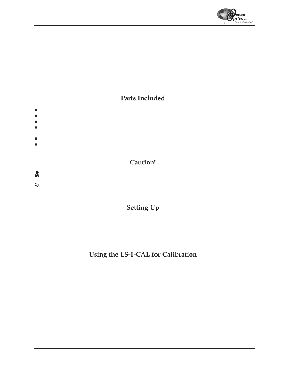 Ls-1-cal, Ls-1-cal calibrated light source, Parts included | Caution, Setting up, Using the ls-1-cal for calibration | Ocean Optics S2000 User Manual | Page 52 / 112