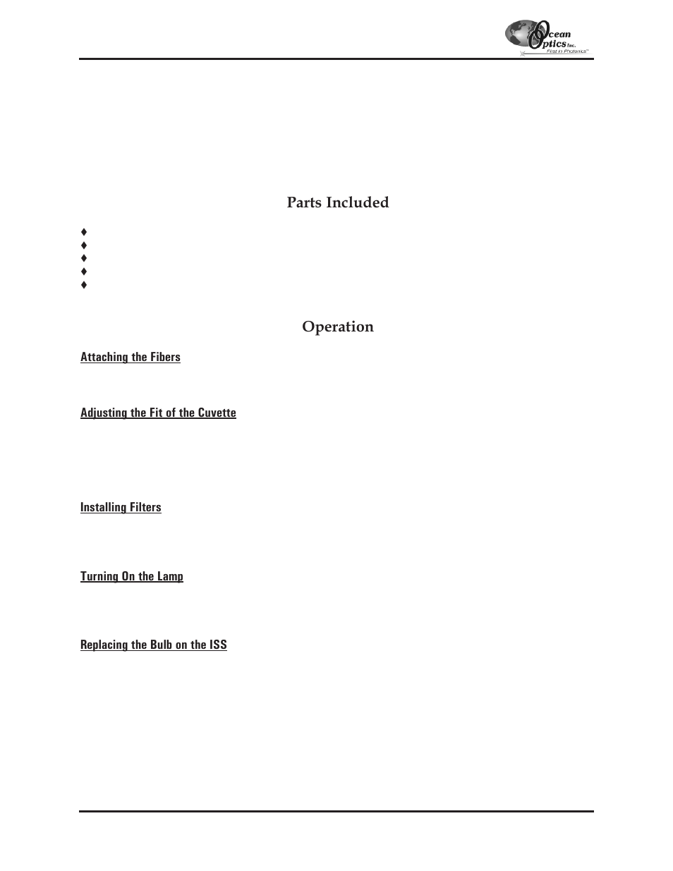 Iss integrated sampling system, Parts included, Operation | Ocean Optics S2000 User Manual | Page 62 / 112