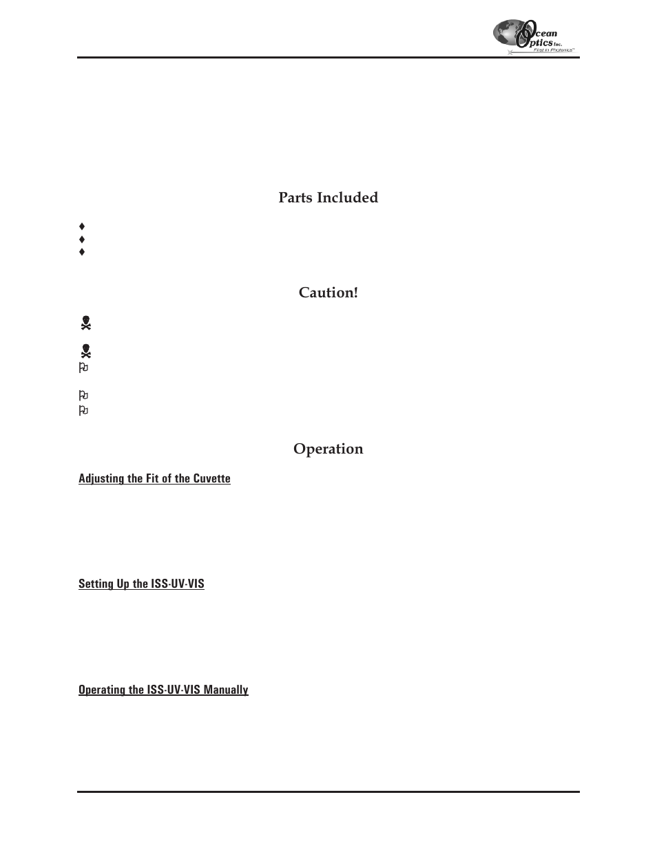 Iss-uv-vis, Iss-uv-vis integrated sampling system, Parts included | Caution, Operation | Ocean Optics S2000 User Manual | Page 66 / 112