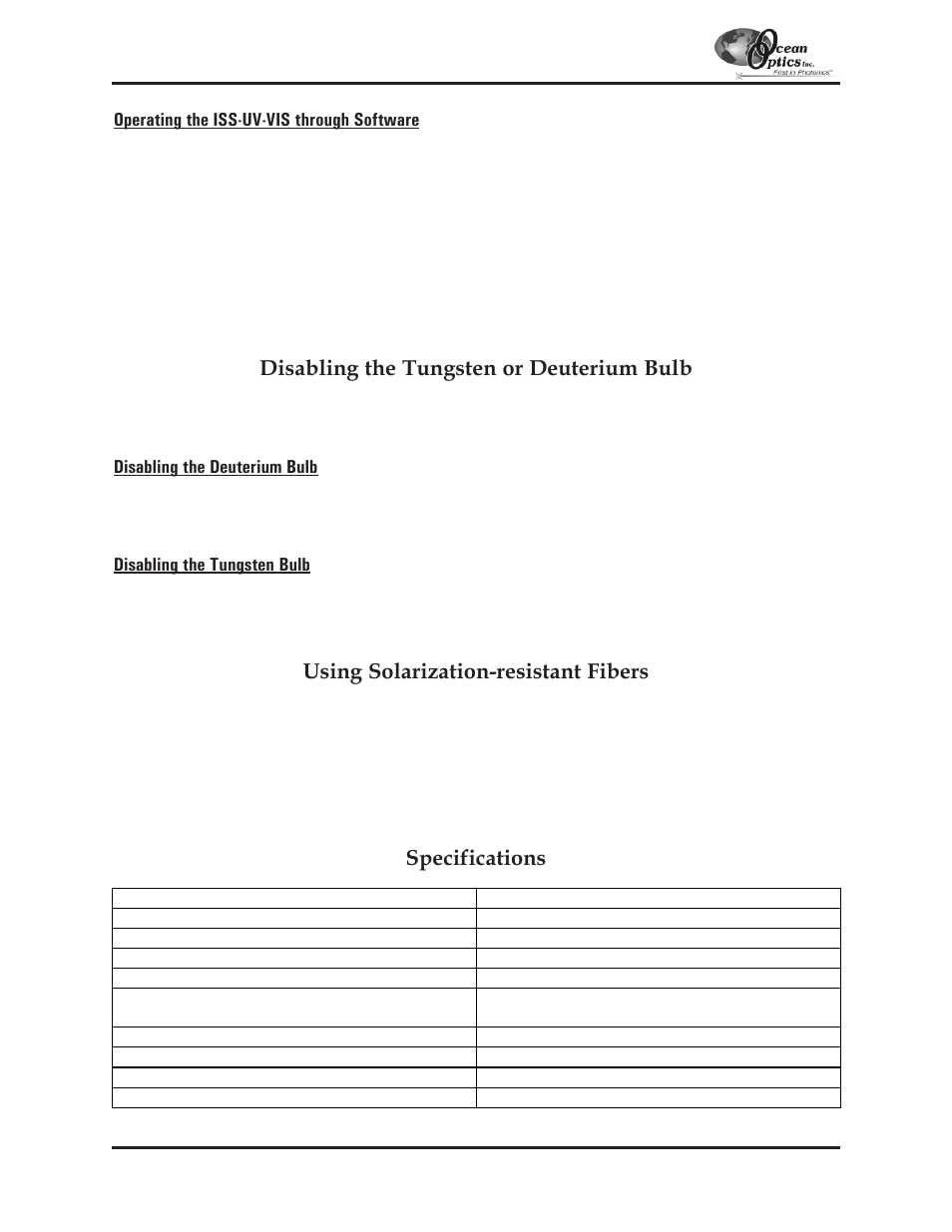 Disabling the tungsten or deuterium bulb, Using solarization-resistant fibers, Specifications | Ocean Optics S2000 User Manual | Page 67 / 112