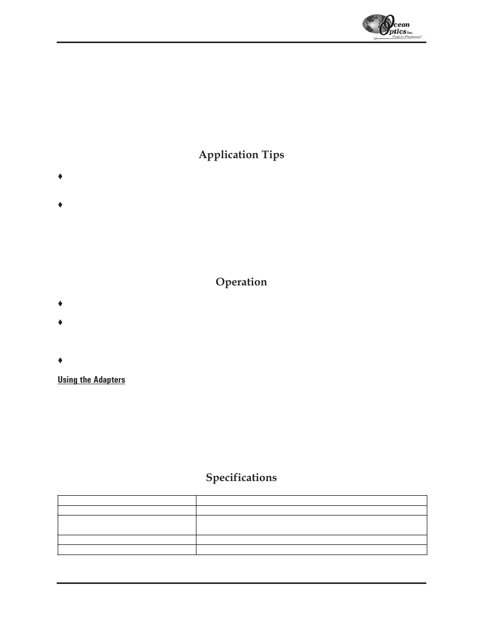 Fva-uv, Fva-uv fiber optic variable attenuator, Application tips | Operation, Specifications | Ocean Optics S2000 User Manual | Page 79 / 112