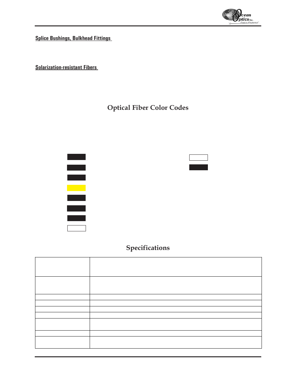 Optical fiber color codes, Specifications, Splice bushings, bulkhead fittings | Solarization-resistant fibers | Ocean Optics S2000 User Manual | Page 90 / 112