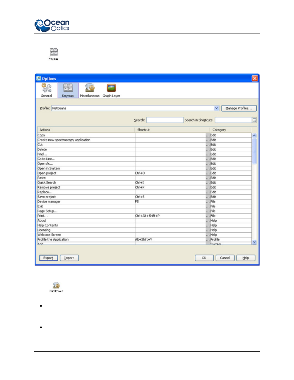 Keymap window, Miscellaneous window | Ocean Optics Ocean View Install User Manual | Page 39 / 110