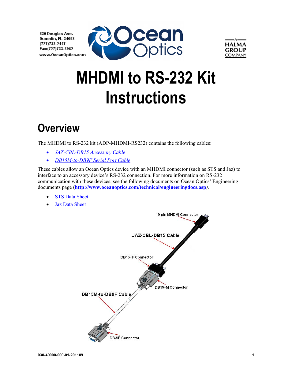 Ocean Optics MHDMI to RS-232 Kit User Manual | 4 pages