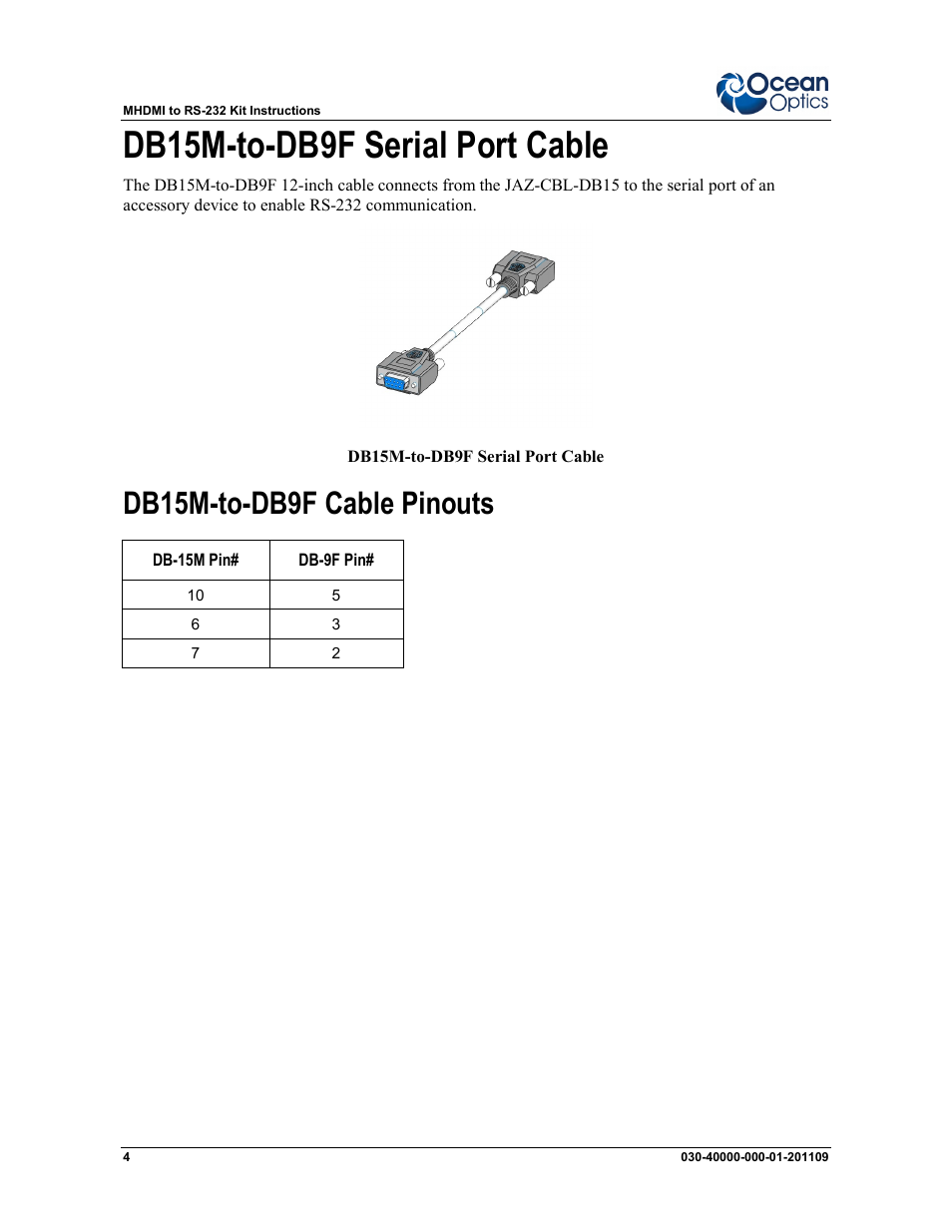 Db15m-to-db9f serial port cable, Db15m-to-db9f cable pinouts | Ocean Optics MHDMI to RS-232 Kit User Manual | Page 4 / 4