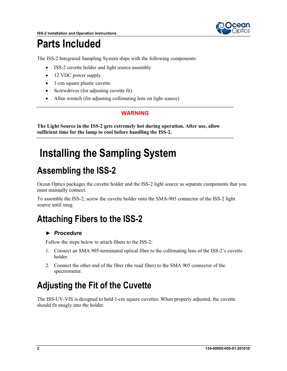 Parts included, Installing the sampling system, Assembling the iss-2 | Attaching fibers to the iss-2, Adjusting the fit of the cuvette | Ocean Optics ISS-2 User Manual | Page 2 / 4