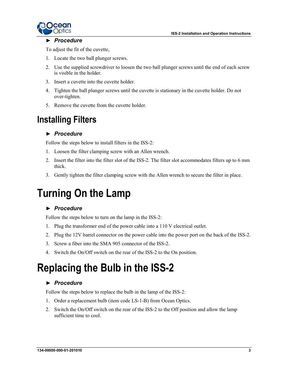 Turning on the lamp, Replacing the bulb in the iss-2, Installing filters | Ocean Optics ISS-2 User Manual | Page 3 / 4