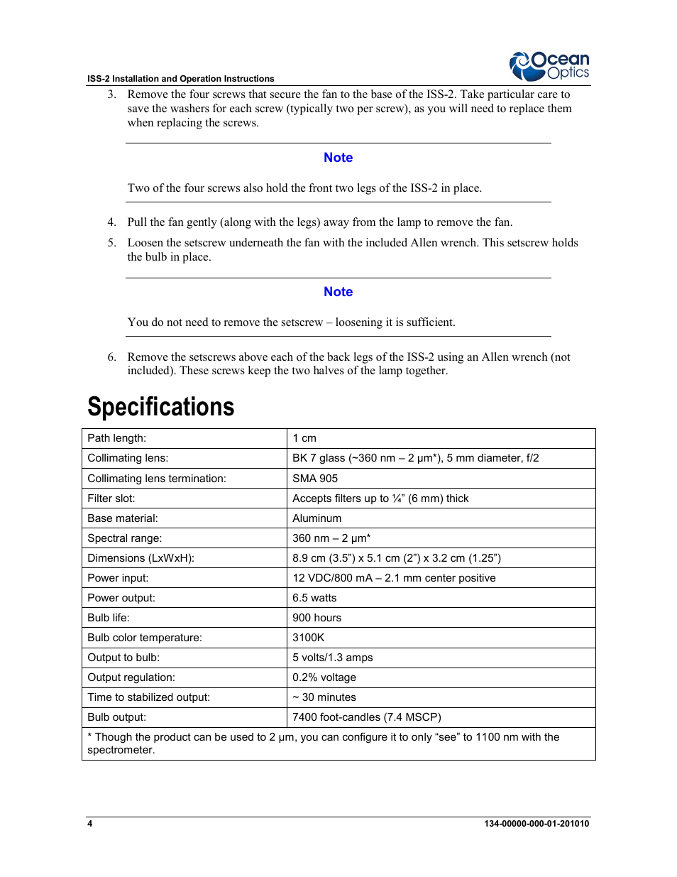 Specifications | Ocean Optics ISS-2 User Manual | Page 4 / 4