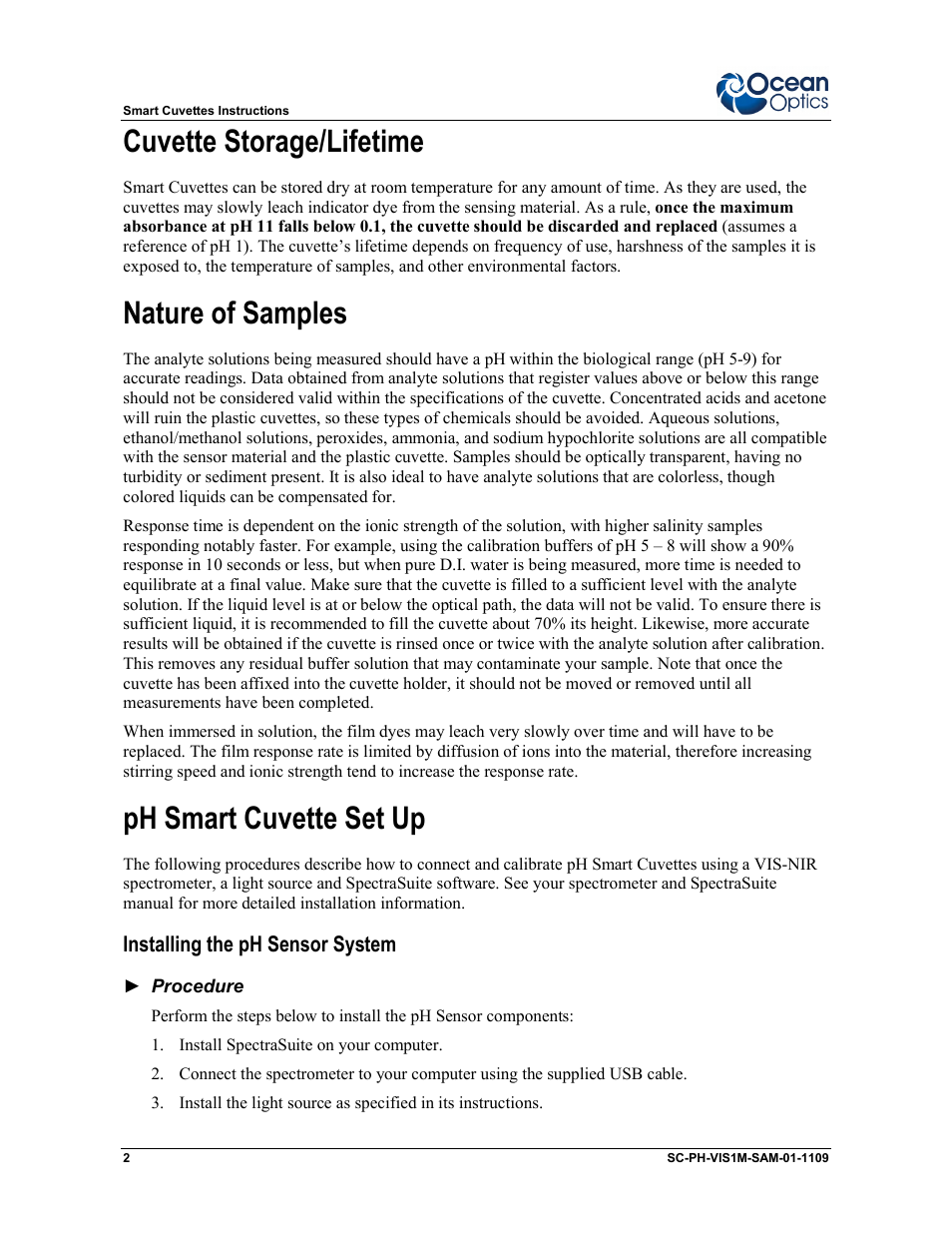 Icals. see, Cuvette, Storage/lifetime | For more inform, Cuvette storage/lifetime, Nature of samples, Ph smart cuvette set up | Ocean Optics Smart pH Cuvettes User Manual | Page 2 / 10