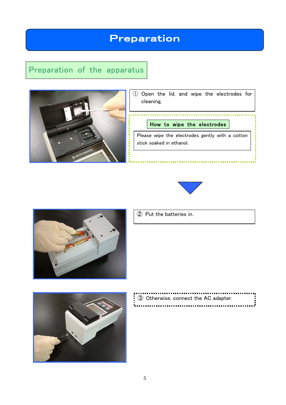 Preparation, Preparation of the apparatus | Ocean Optics MH-5000 User Manual | Page 6 / 16