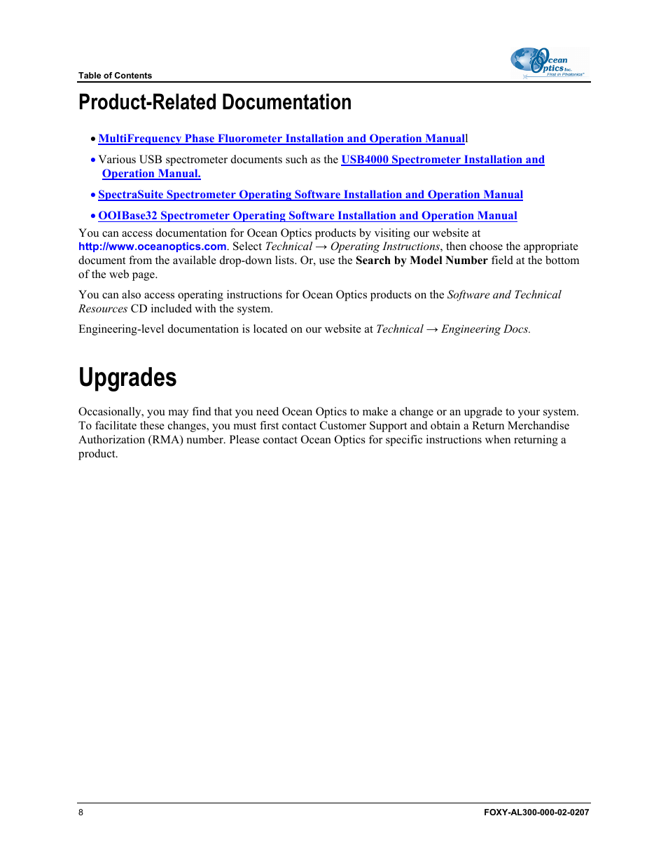 Product-related documentation, Upgrades | Ocean Optics OOISensors User Manual | Page 10 / 138