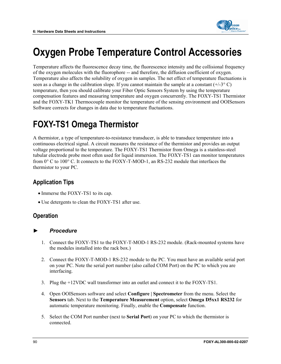 Oxygen probe temperature control accessories, Foxy-ts1 omega thermistor, Application tips | Operation | Ocean Optics OOISensors User Manual | Page 100 / 138