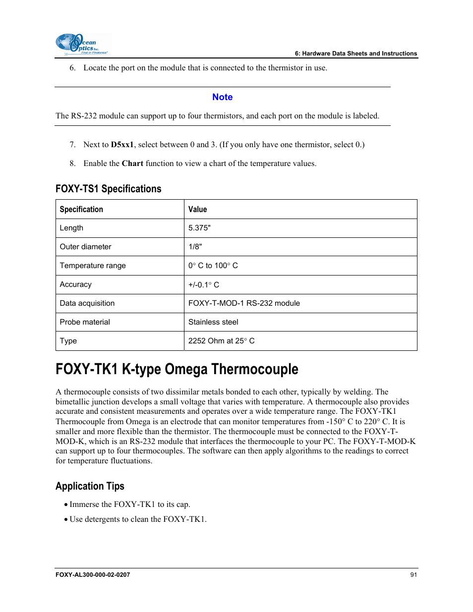 Foxy-ts1 specifications, Foxy-tk1 k-type omega thermocouple, Application tips | Ocean Optics OOISensors User Manual | Page 101 / 138