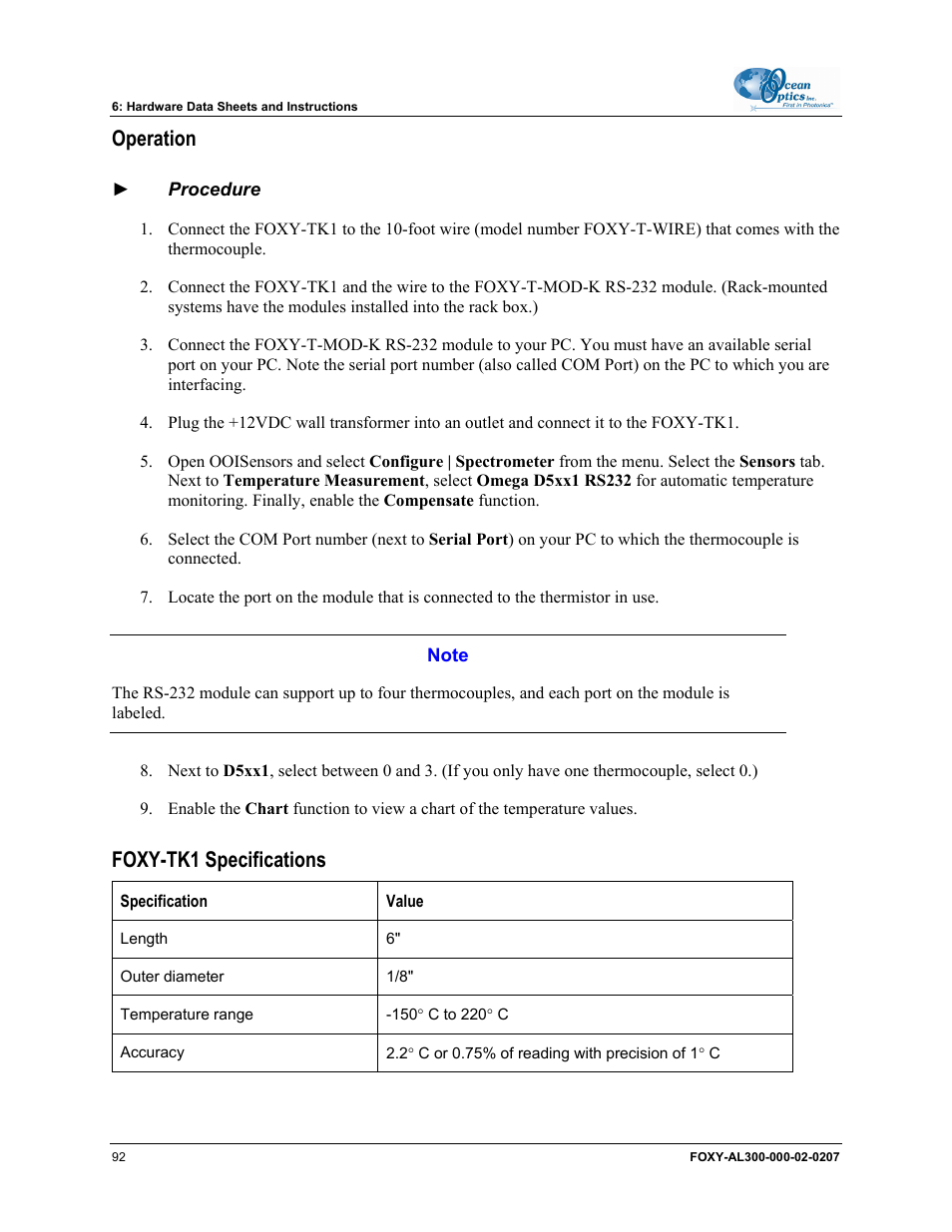 Operation, Foxy-tk1 specifications | Ocean Optics OOISensors User Manual | Page 102 / 138