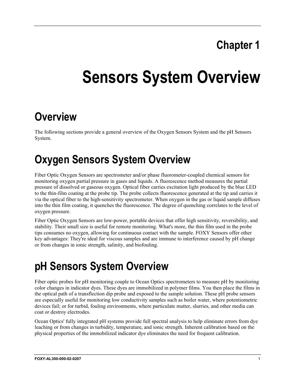 Sensors system overview, Overview, Oxygen sensors system overview | Ph sensors system overview, Chapter 1: sensors system overview, Chapter 1 | Ocean Optics OOISensors User Manual | Page 11 / 138