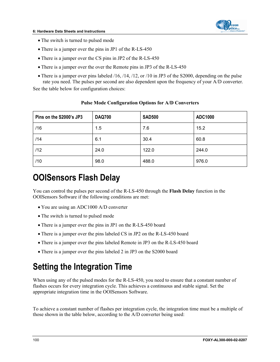 Ooisensors flash delay, Setting the integration time | Ocean Optics OOISensors User Manual | Page 110 / 138