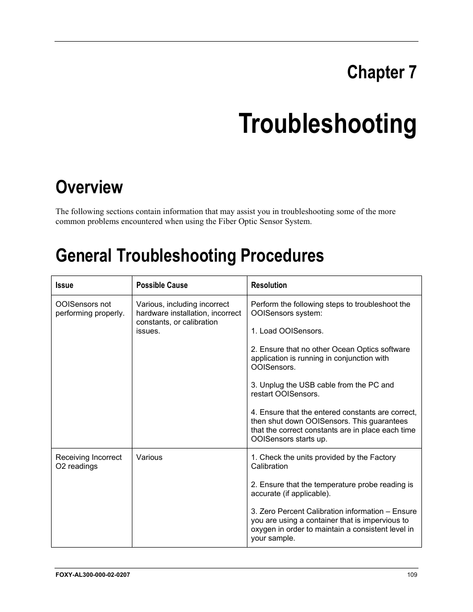 Troubleshooting, Overview, General troubleshooting procedures | Chapter 7, Overview general troubleshooting procedures, For more informat | Ocean Optics OOISensors User Manual | Page 119 / 138