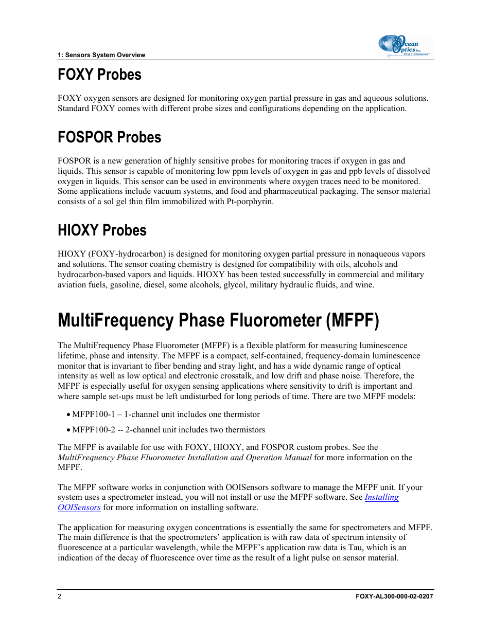 Foxy probes, Fospor probes, Hioxy probes | Multifrequency phase fluorometer (mfpf) | Ocean Optics OOISensors User Manual | Page 12 / 138