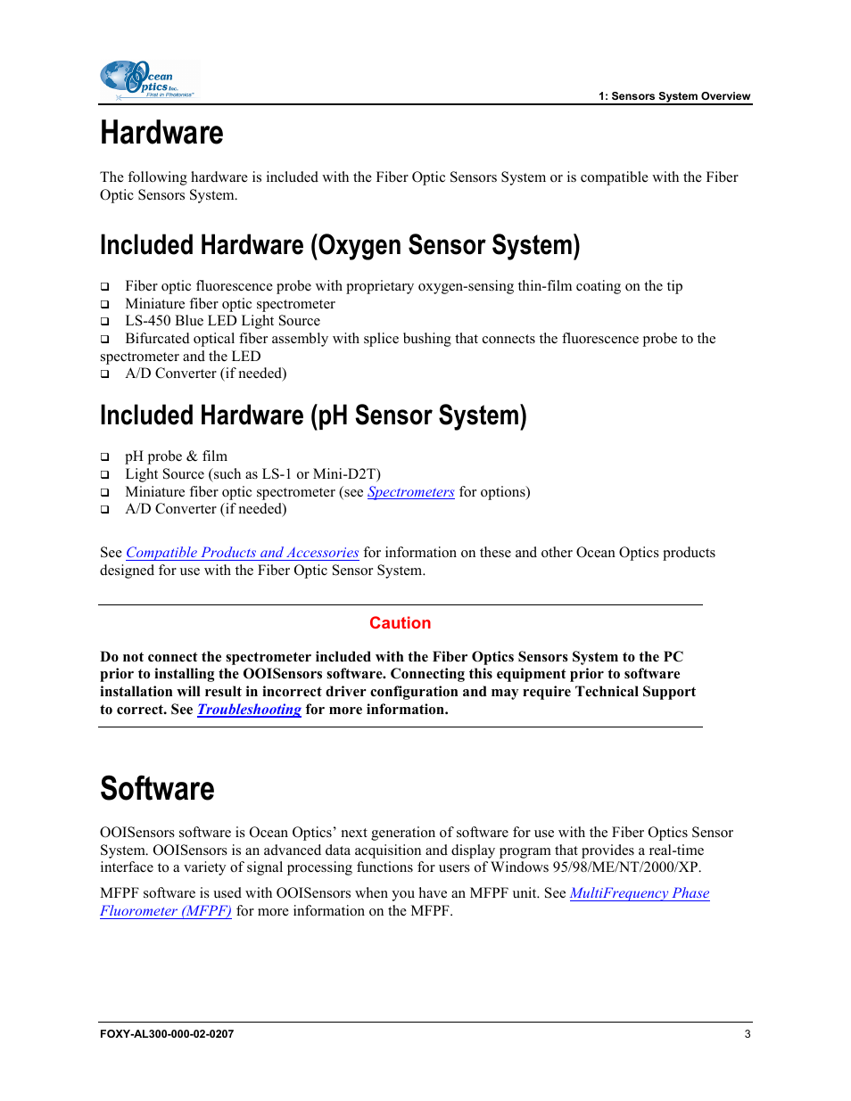 Hardware, Included hardware (oxygen sensor system), Included hardware (ph sensor system) | Software | Ocean Optics OOISensors User Manual | Page 13 / 138