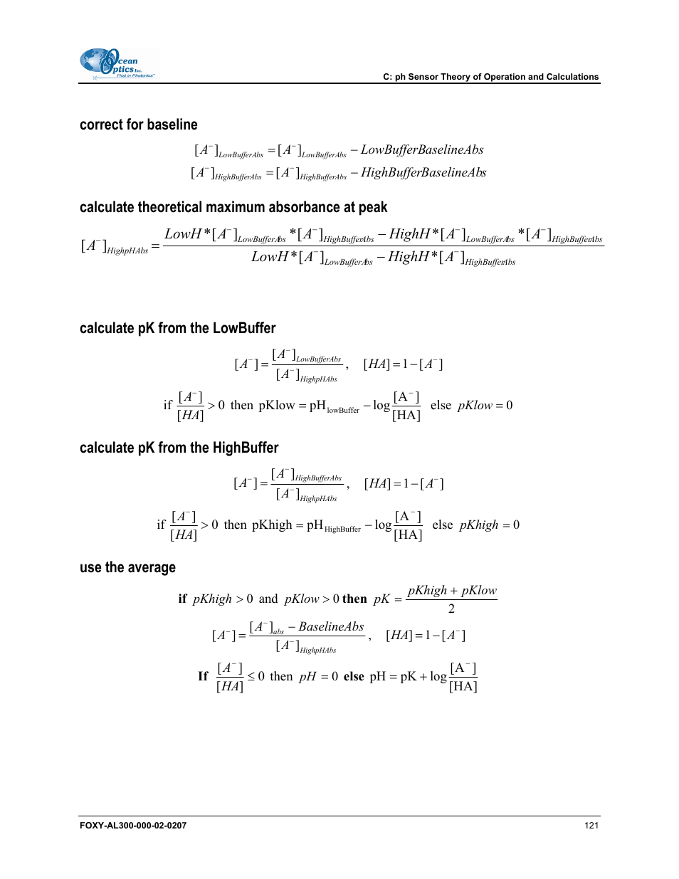 Correct for baseline, Calculate theoretical maximum absorbance at peak, Calculate pk from the lowbuffer | Calculate pk from the highbuffer, Use the average, Ahighh a lowh a a highh a a lowh a | Ocean Optics OOISensors User Manual | Page 131 / 138