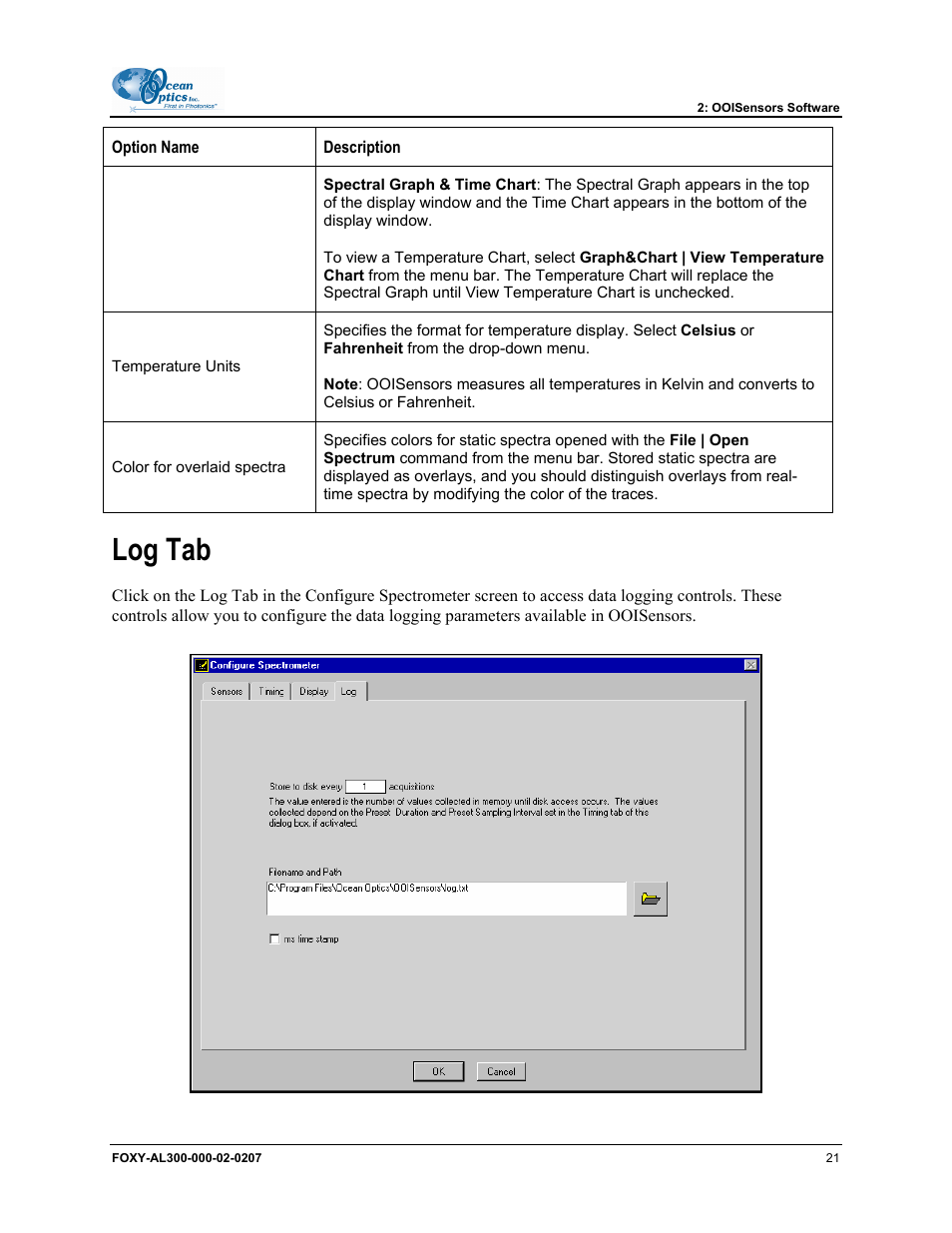 Log tab | Ocean Optics OOISensors User Manual | Page 31 / 138