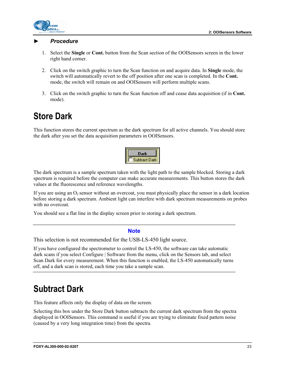 Store dark, Subtract dark | Ocean Optics OOISensors User Manual | Page 33 / 138