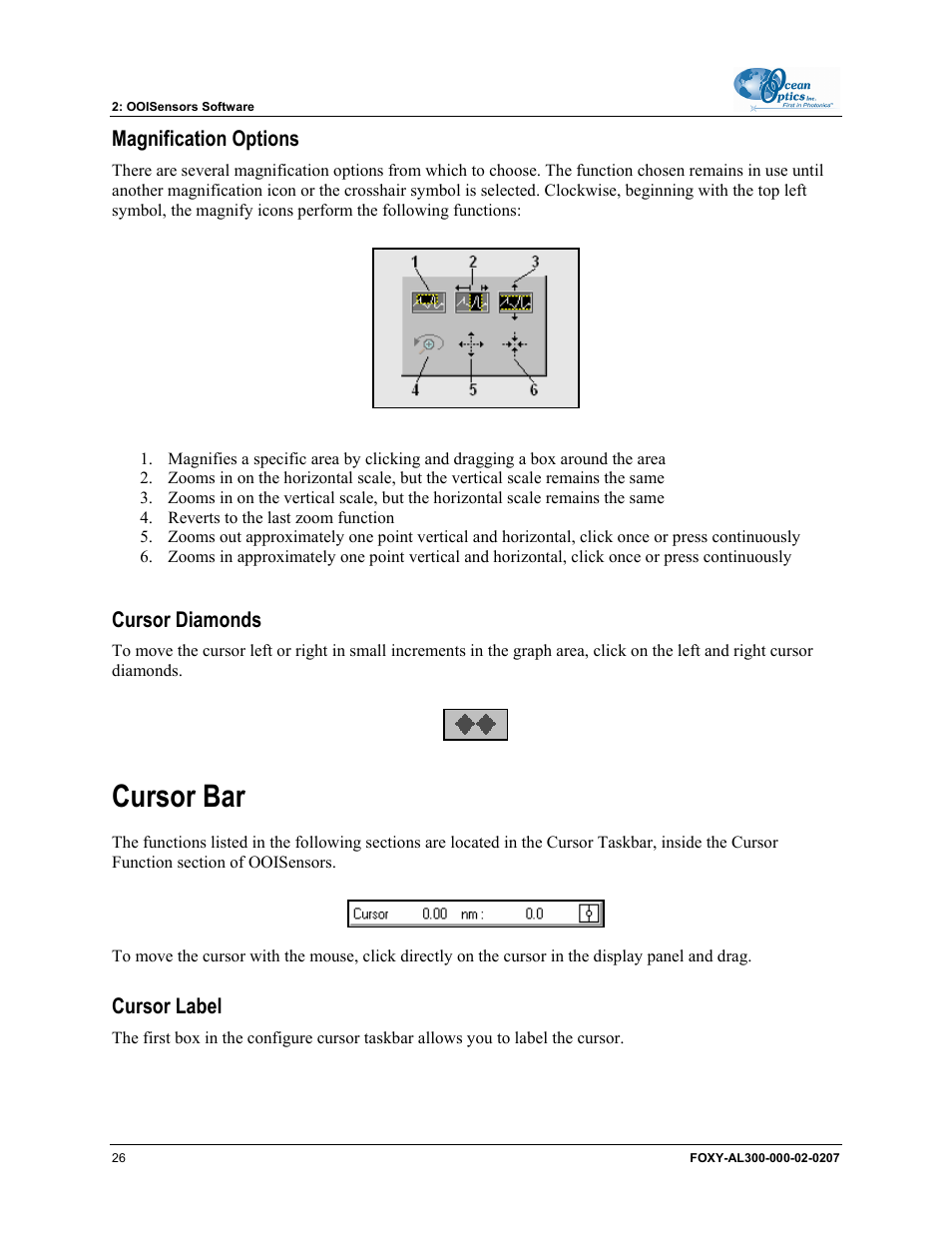 Magnification options, Cursor diamonds, Cursor bar | Cursor label | Ocean Optics OOISensors User Manual | Page 36 / 138