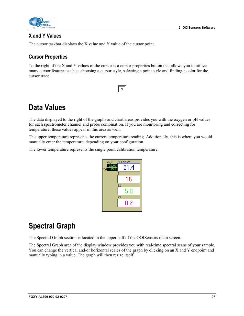 X and y values, Cursor properties, Data values | Spectral graph | Ocean Optics OOISensors User Manual | Page 37 / 138