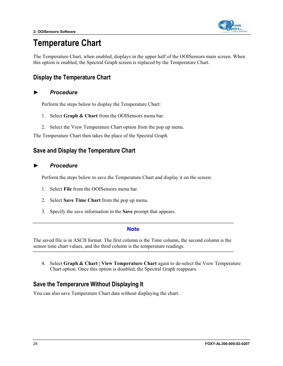 Temperature chart, Display the temperature chart, Save and display the temperature chart | Save the temperarure without displaying it | Ocean Optics OOISensors User Manual | Page 38 / 138