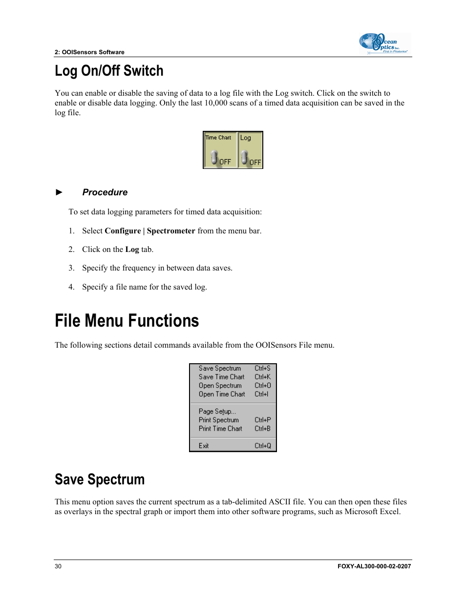 Log on/off switch, File menu functions, Save spectrum | Ocean Optics OOISensors User Manual | Page 40 / 138