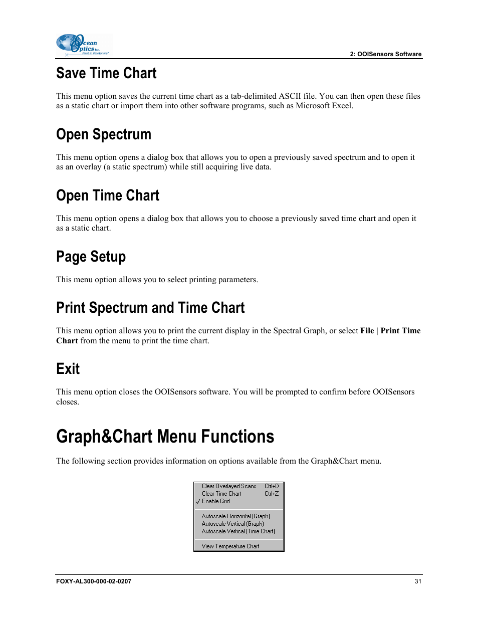 Save time chart, Open spectrum, Open time chart | Print spectrum and time chart, Exit, Graph&chart menu functions, Page setup | Ocean Optics OOISensors User Manual | Page 41 / 138