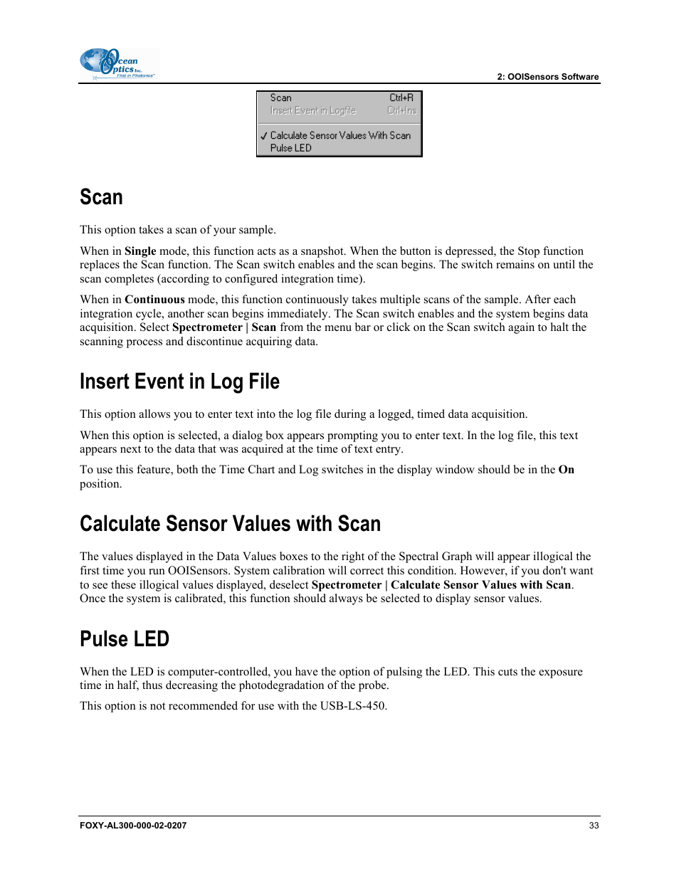 Scan, Insert event in log file, Calculate sensor values with scan | Pulse led | Ocean Optics OOISensors User Manual | Page 43 / 138