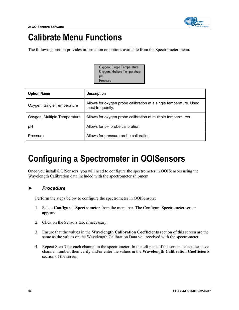 Calibrate menu functions, Configuring a spectrometer in ooisensors | Ocean Optics OOISensors User Manual | Page 44 / 138