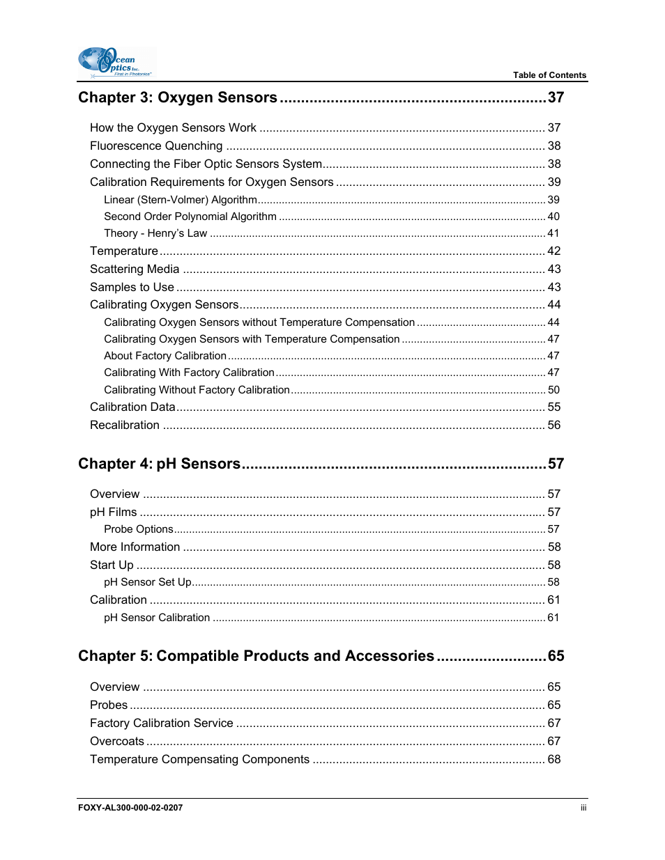 Chapter 3: oxygen sensors, Chapter 4, Ph sensors | Chapter 5, Compatible products and accessories | Ocean Optics OOISensors User Manual | Page 5 / 138