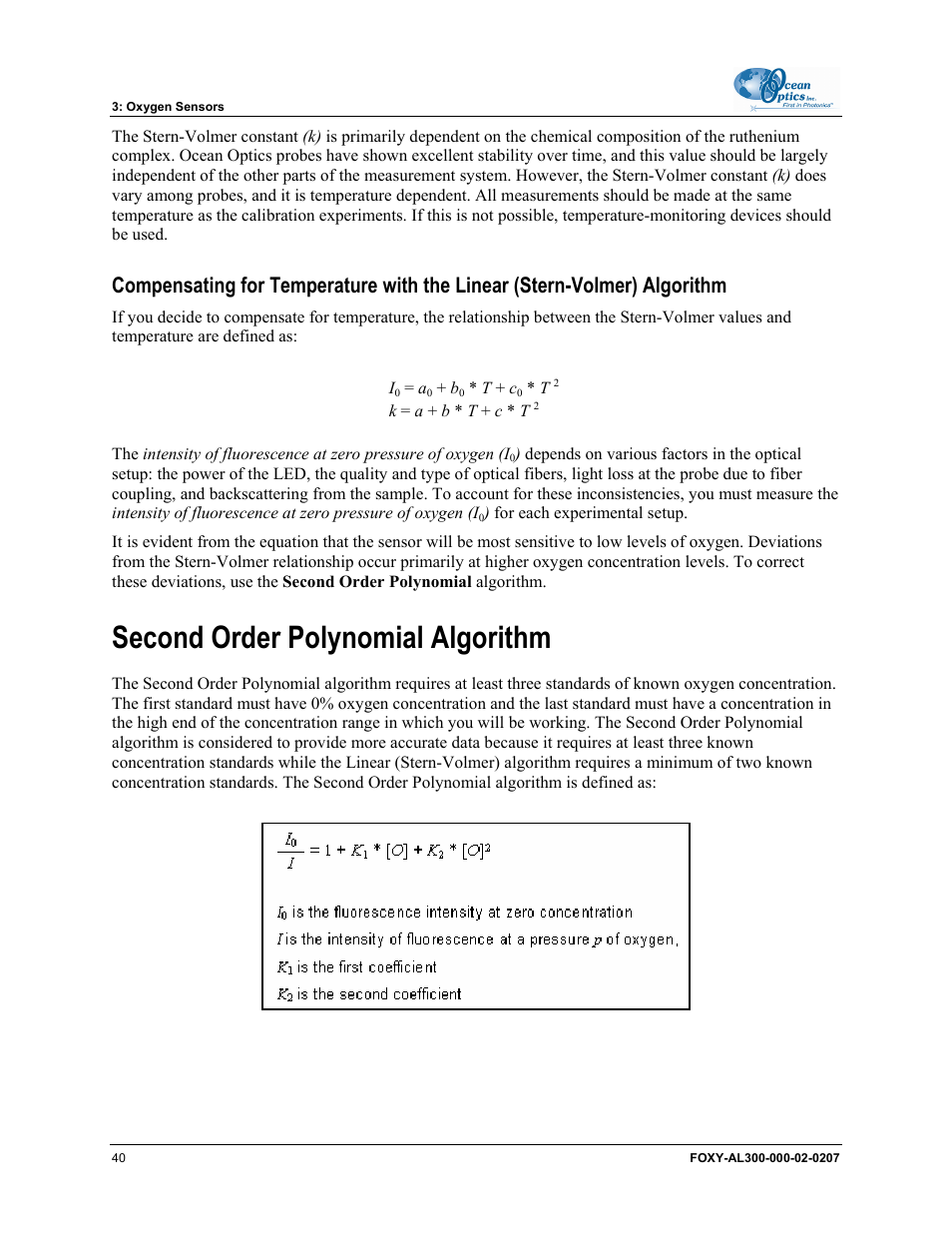 Second order polynomial algorithm | Ocean Optics OOISensors User Manual | Page 50 / 138