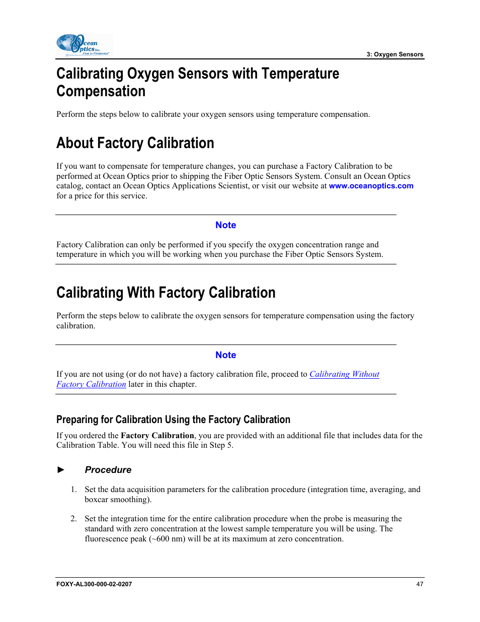 About factory calibration, Calibrating with factory calibration | Ocean Optics OOISensors User Manual | Page 57 / 138