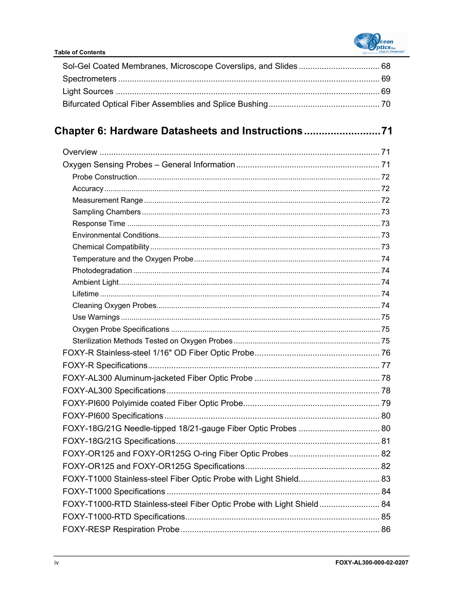 Chapter 6: hardware datasheets and instructions | Ocean Optics OOISensors User Manual | Page 6 / 138