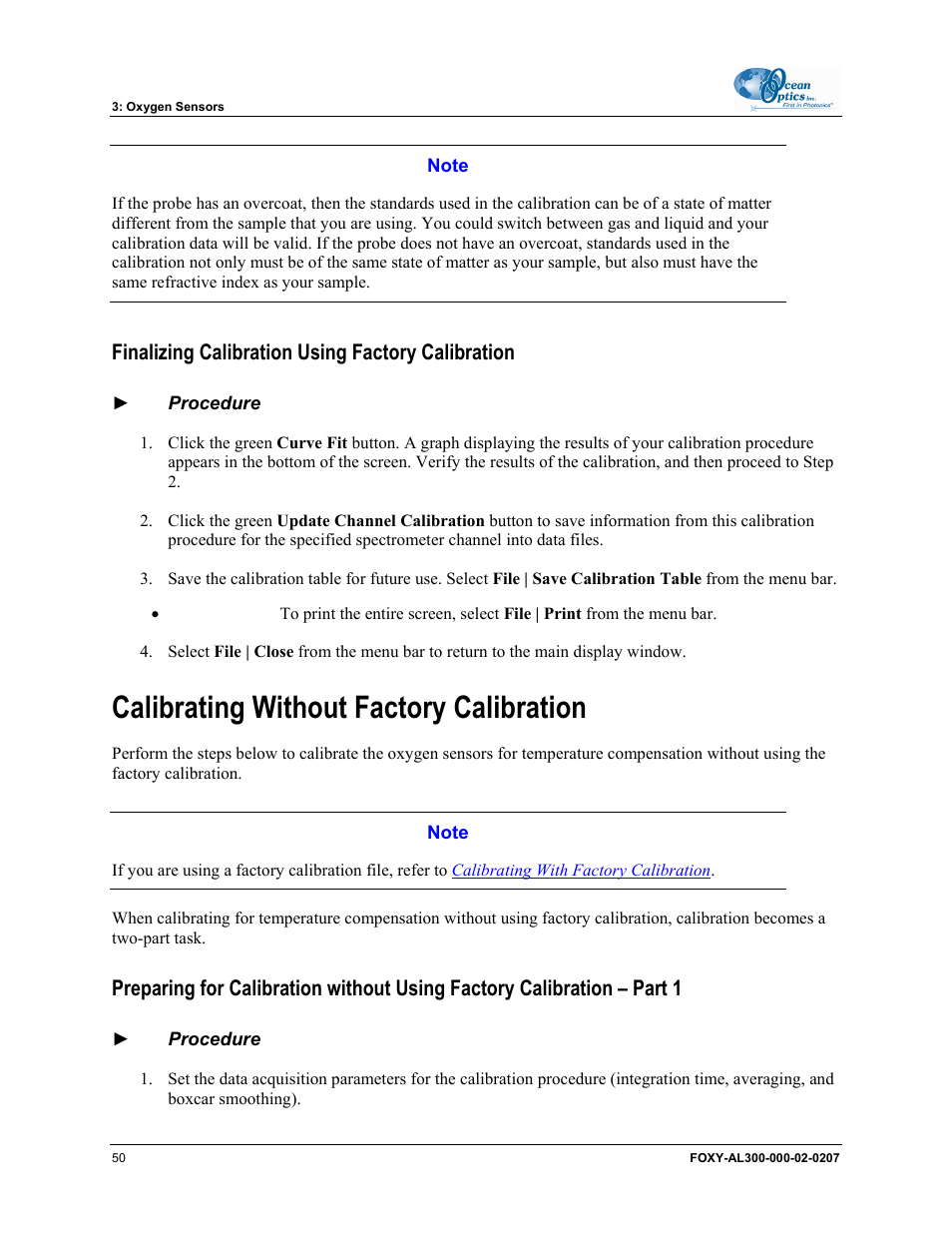 Finalizing calibration using factory calibration, Calibrating without factory calibration | Ocean Optics OOISensors User Manual | Page 60 / 138