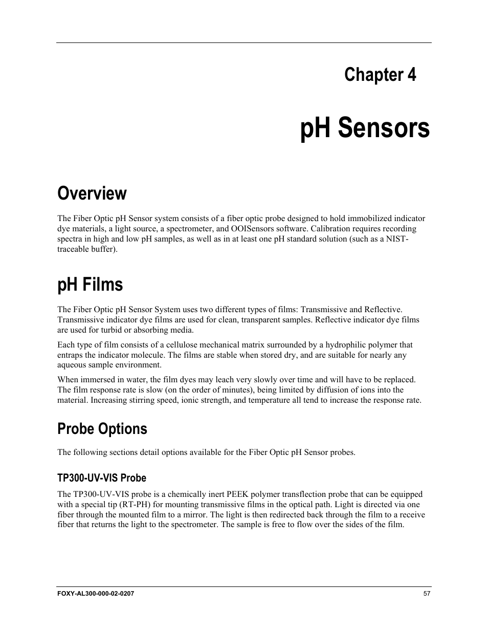 Ph sensors, Overview, Ph films | Probe options, Tp300-uv-vis probe, Chapter 4, Overview ph films | Ocean Optics OOISensors User Manual | Page 67 / 138